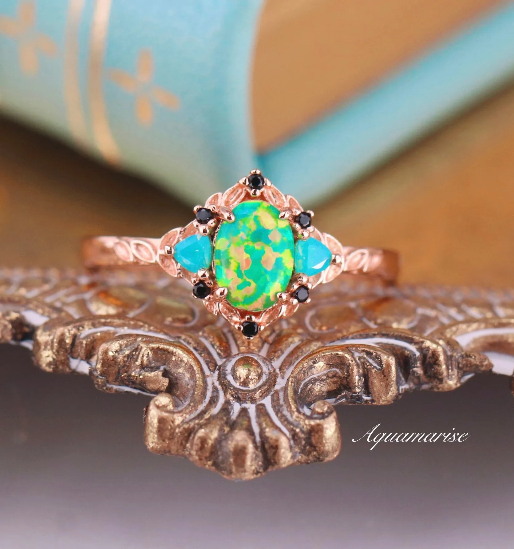 Green Fire Opal & Opalescent Sapphire Leaf Ring- 14K Rose Gold Vermeil