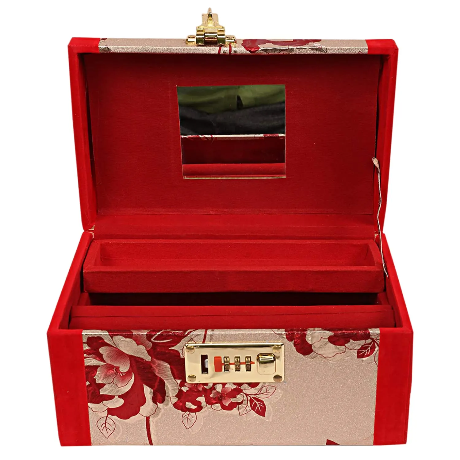 Heart Home Flower Printed Wooden Jewellery Box/Organizer For Storing Makeup, Jewellery, Bangles, Cosmetics & Toiletries Items With 1 Bangle Rod, Mirror & Number Lock System (Red)-47HH0533