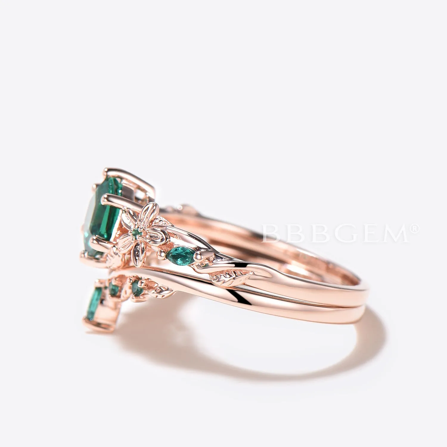 Leaf Design Hexagon Cut Emerald Engagement Ring Rose Gold Floral Wedding Ring