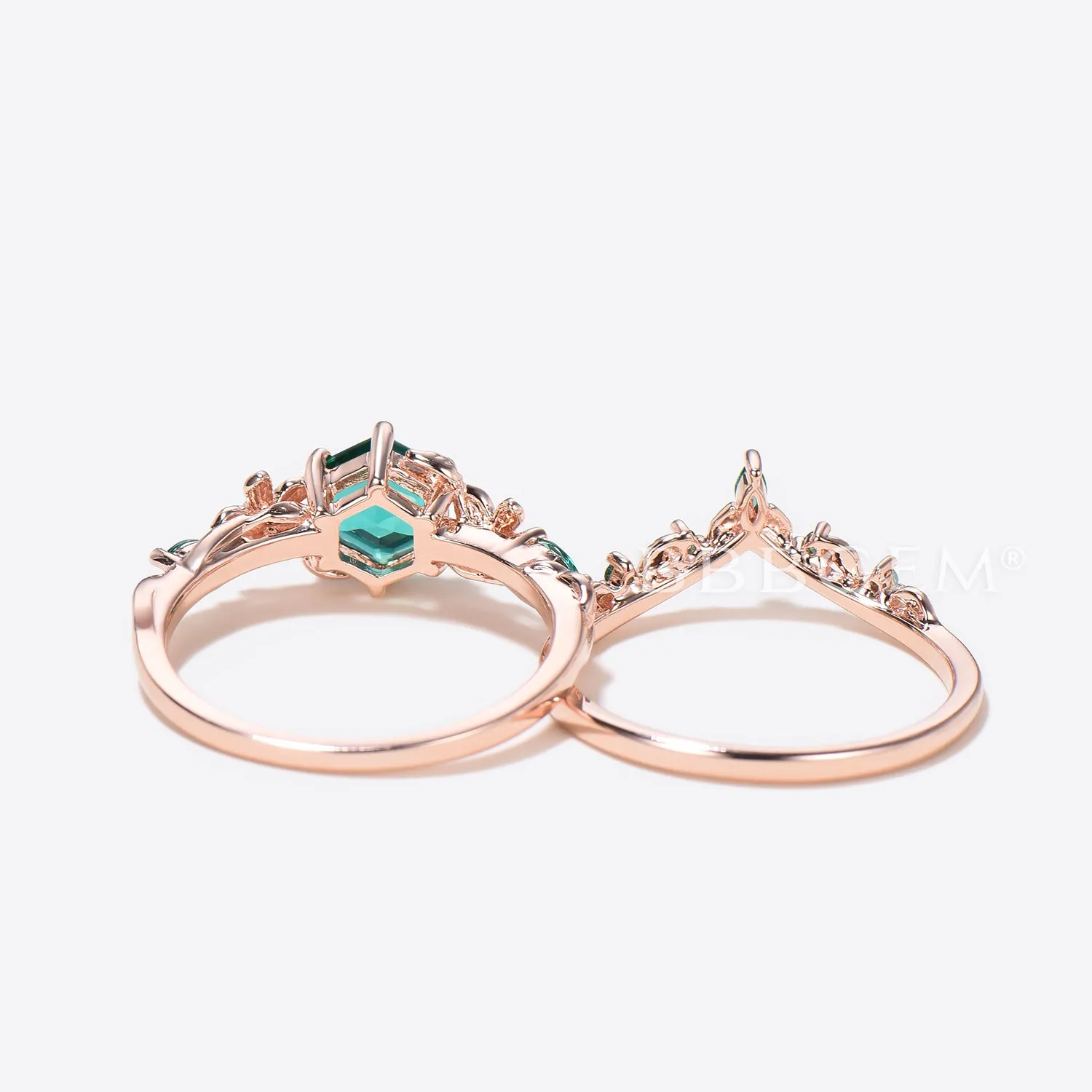 Leaf Design Hexagon Cut Emerald Engagement Ring Rose Gold Floral Wedding Ring