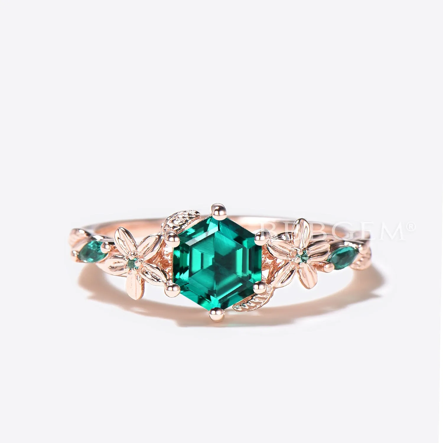 Leaf Design Hexagon Cut Emerald Engagement Ring Rose Gold Floral Wedding Ring