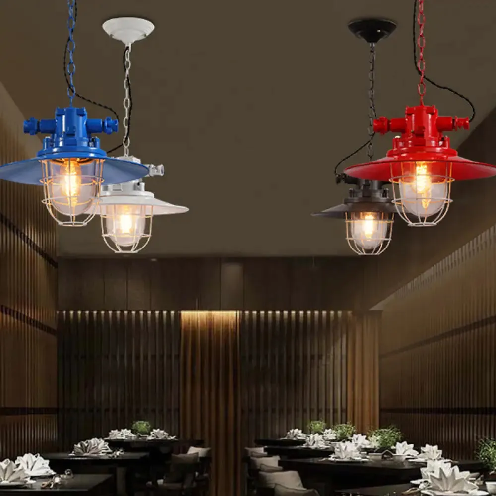 Loft Pendant Light with Metal Pendulum Saucer, Clear Glass Shade, and Cage - Red/White/Blue