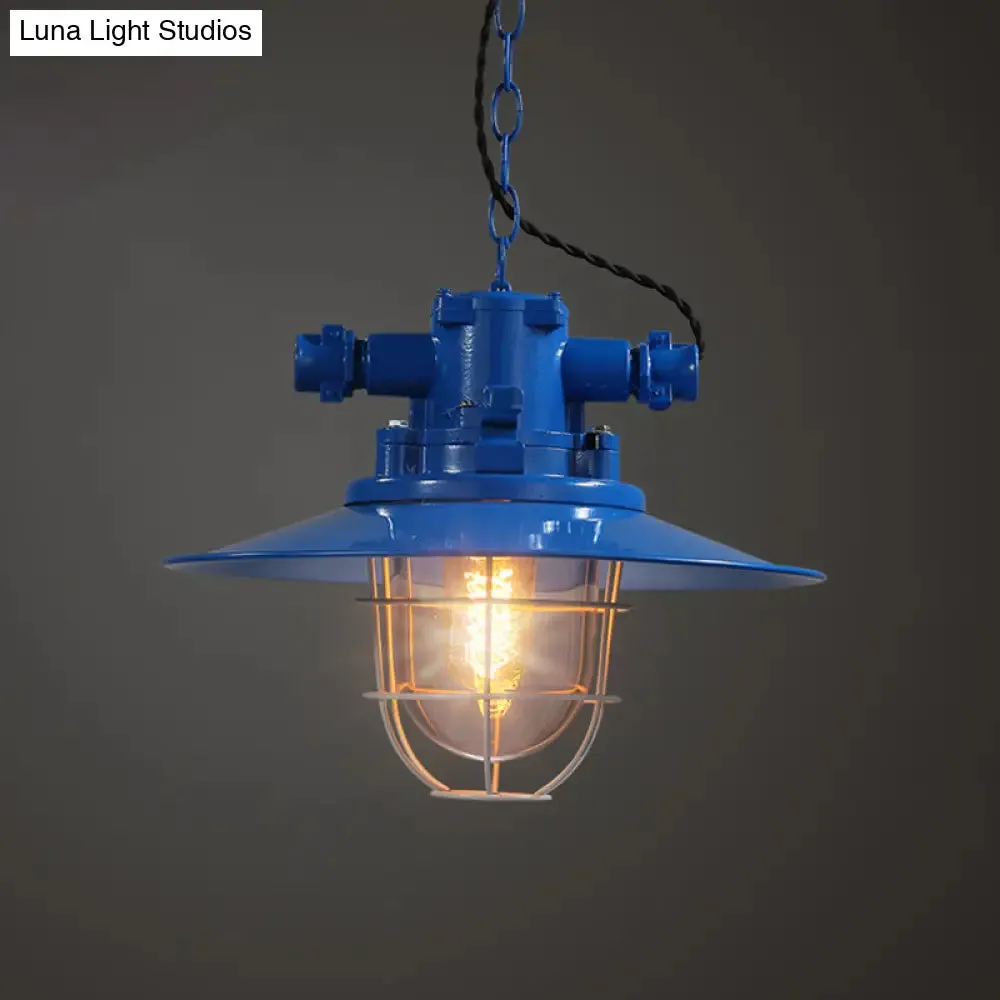 Loft Pendant Light with Metal Pendulum Saucer, Clear Glass Shade, and Cage - Red/White/Blue