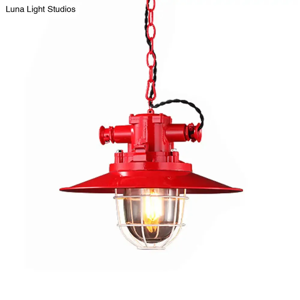 Loft Pendant Light with Metal Pendulum Saucer, Clear Glass Shade, and Cage - Red/White/Blue