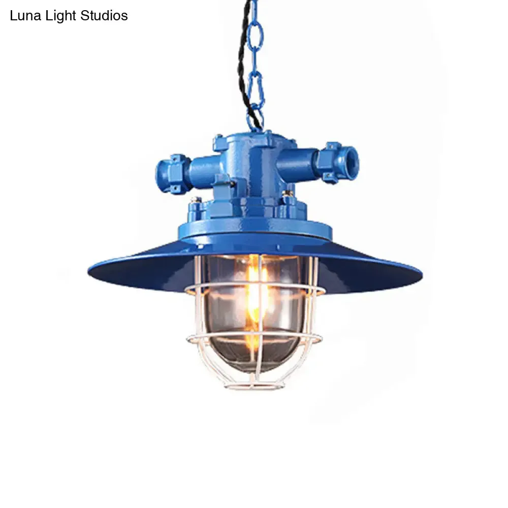 Loft Pendant Light with Metal Pendulum Saucer, Clear Glass Shade, and Cage - Red/White/Blue