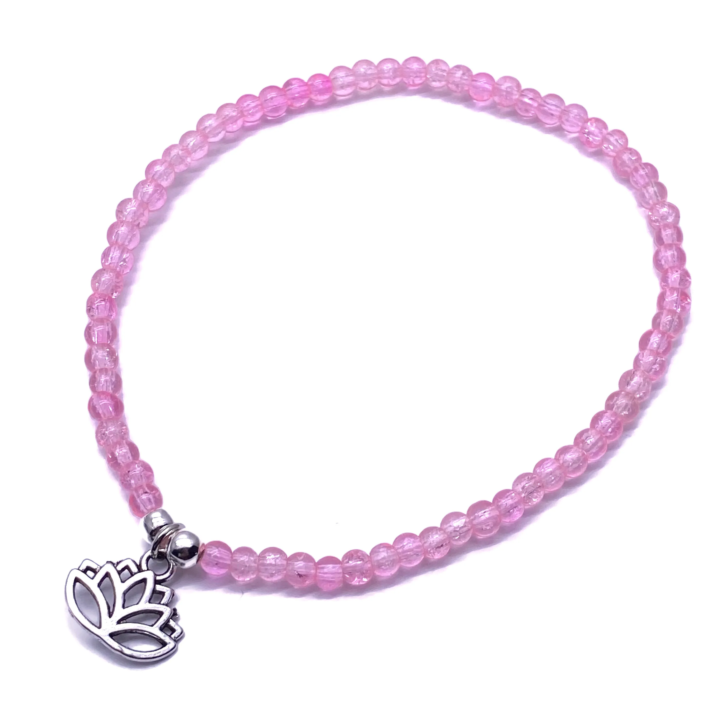 Lotus Charm Pink Crackle Glass Bead Anklet