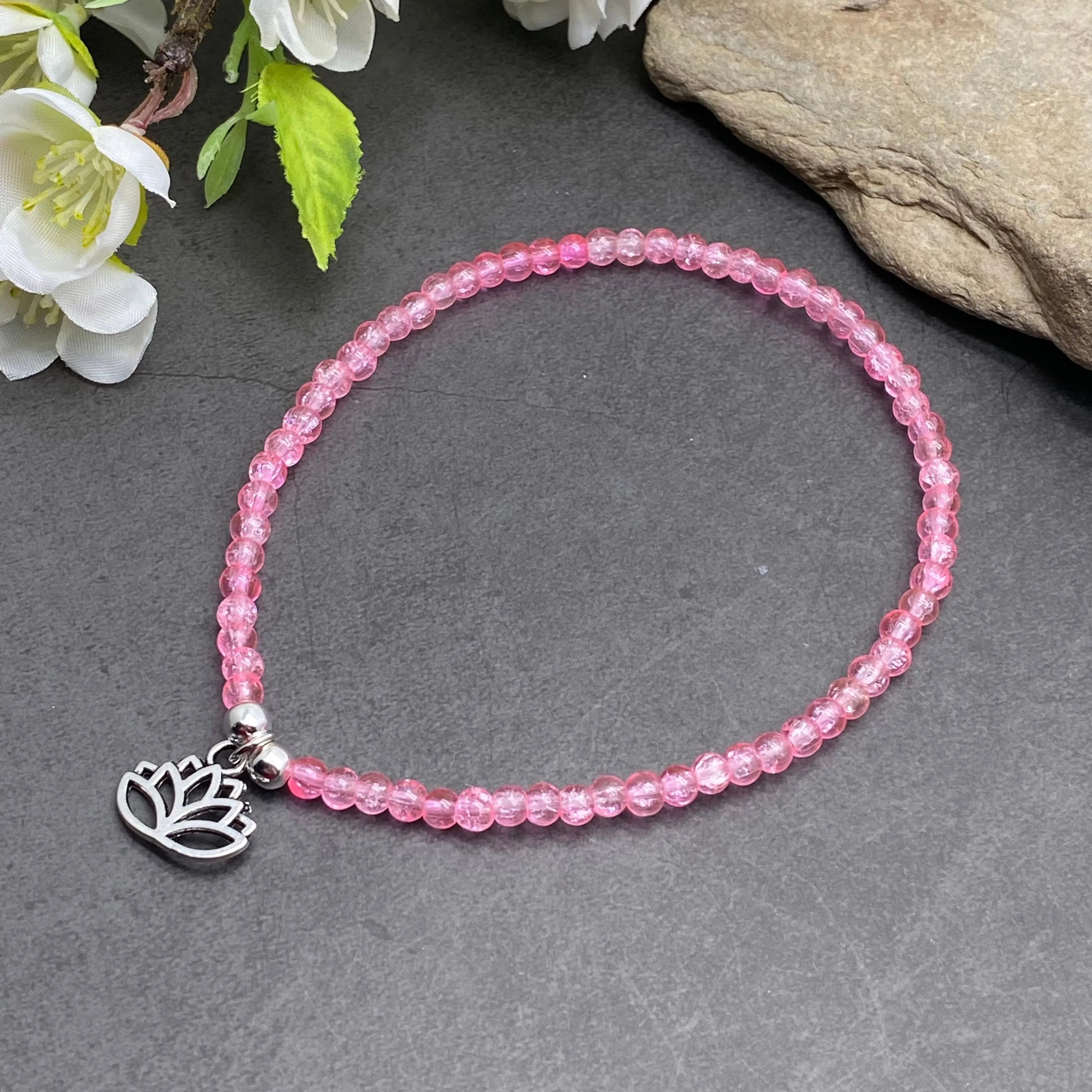 Lotus Charm Pink Crackle Glass Bead Anklet