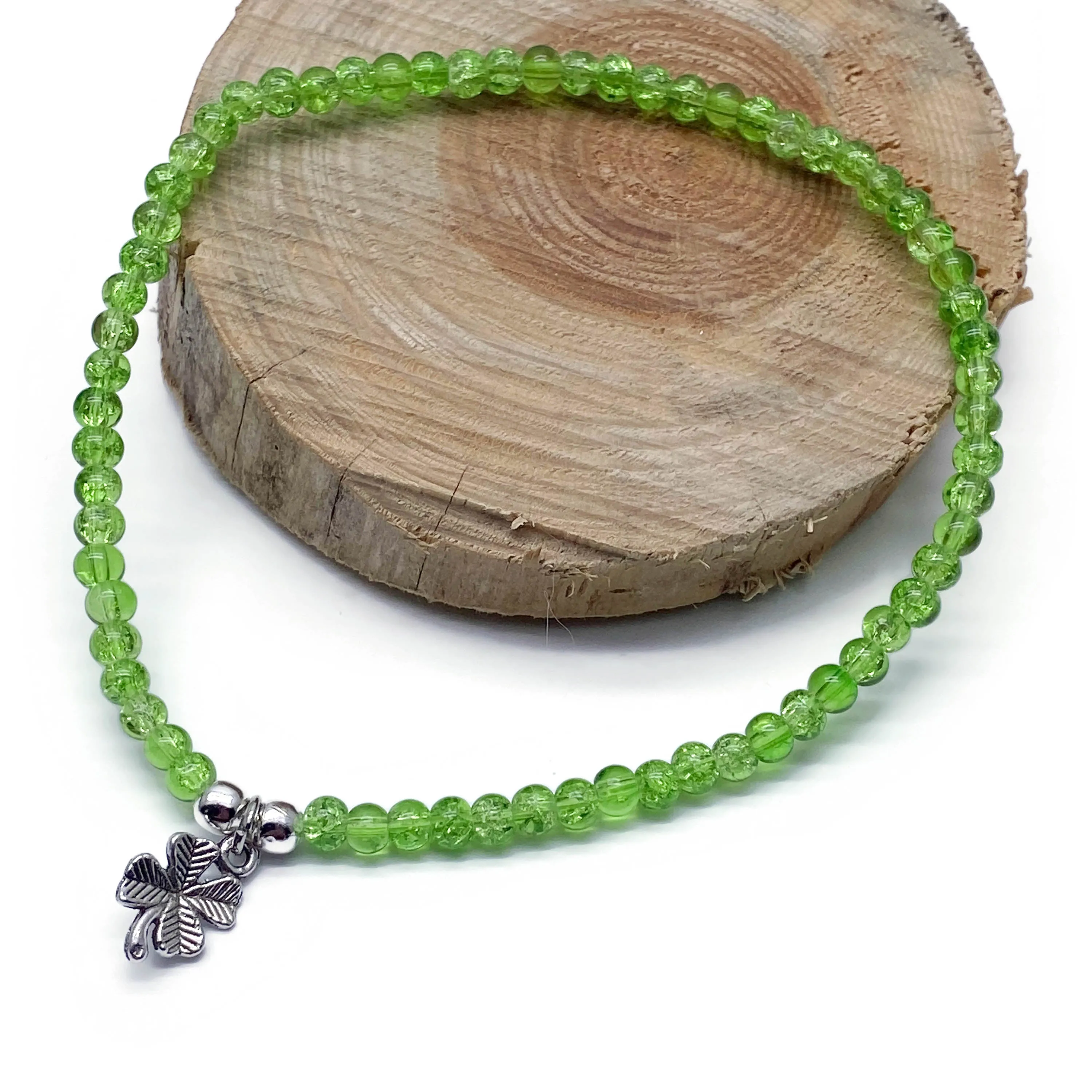 Lucky Clover Charm Green Crackle Glass Bead Anklet