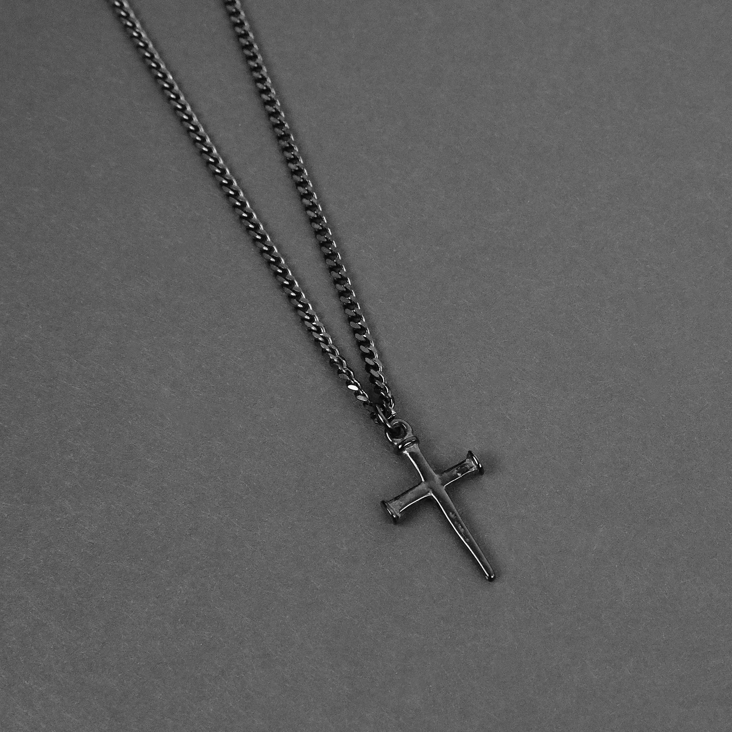 Minimal Nail Cross Necklace - Black