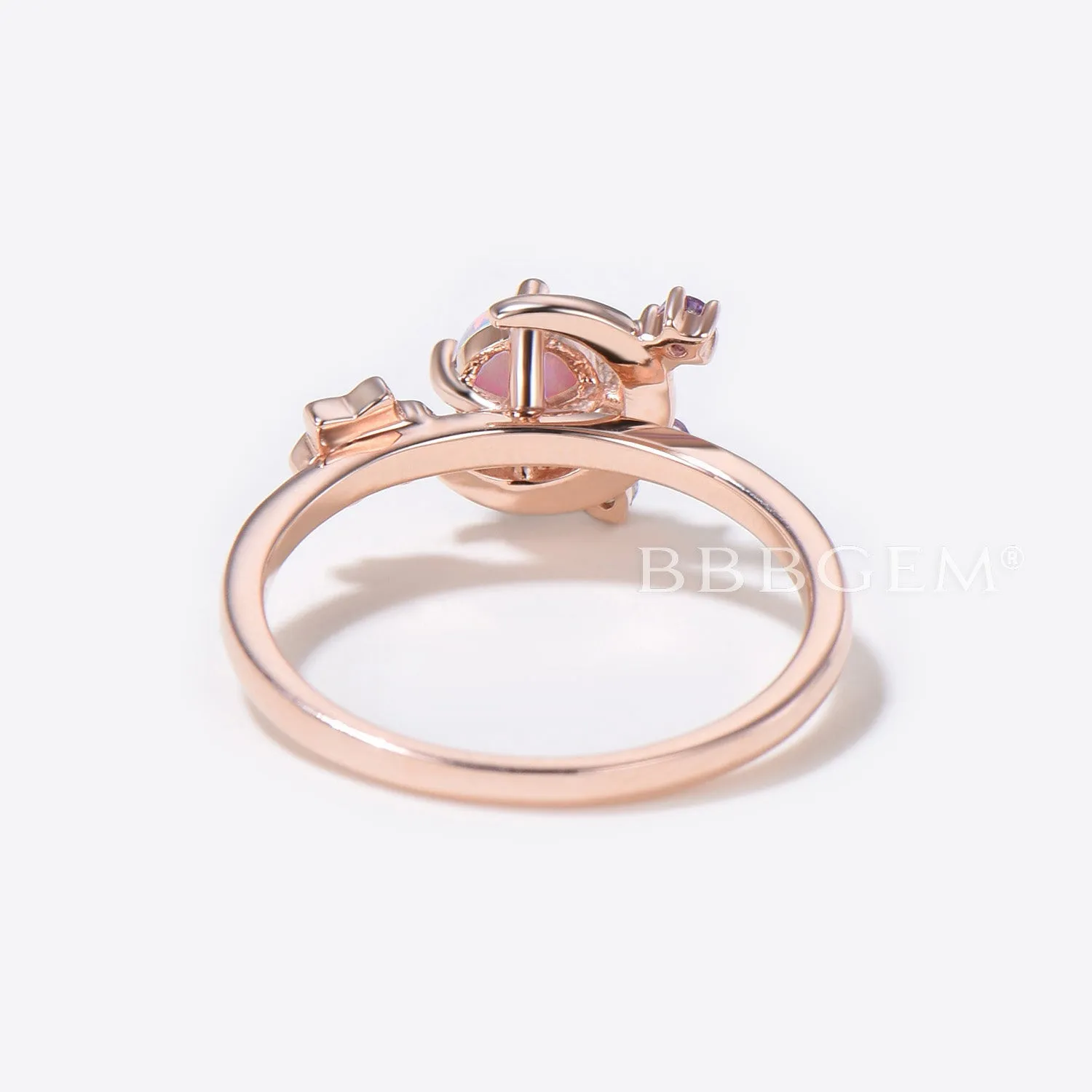 Moon Star Round Opal Engagement Ring Rose Gold Flower Moissanite Diamond Ring