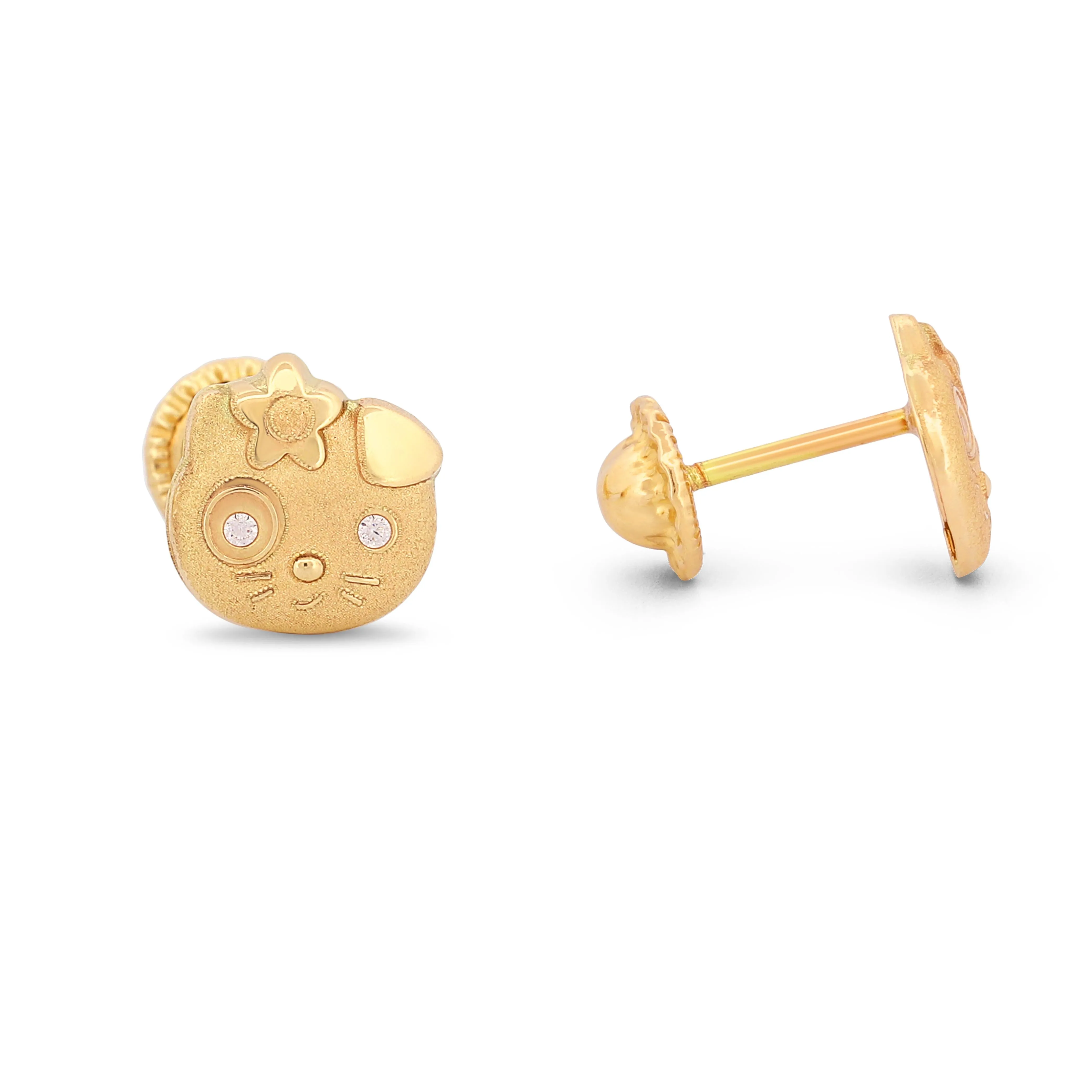 New 14k Yellow Gold Hello Kitty Stud Earrings with Screw-Backs