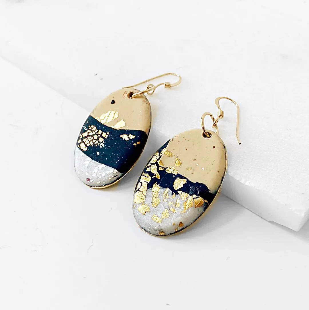 Oval Polymer Clay  Earrings - Black and Gold