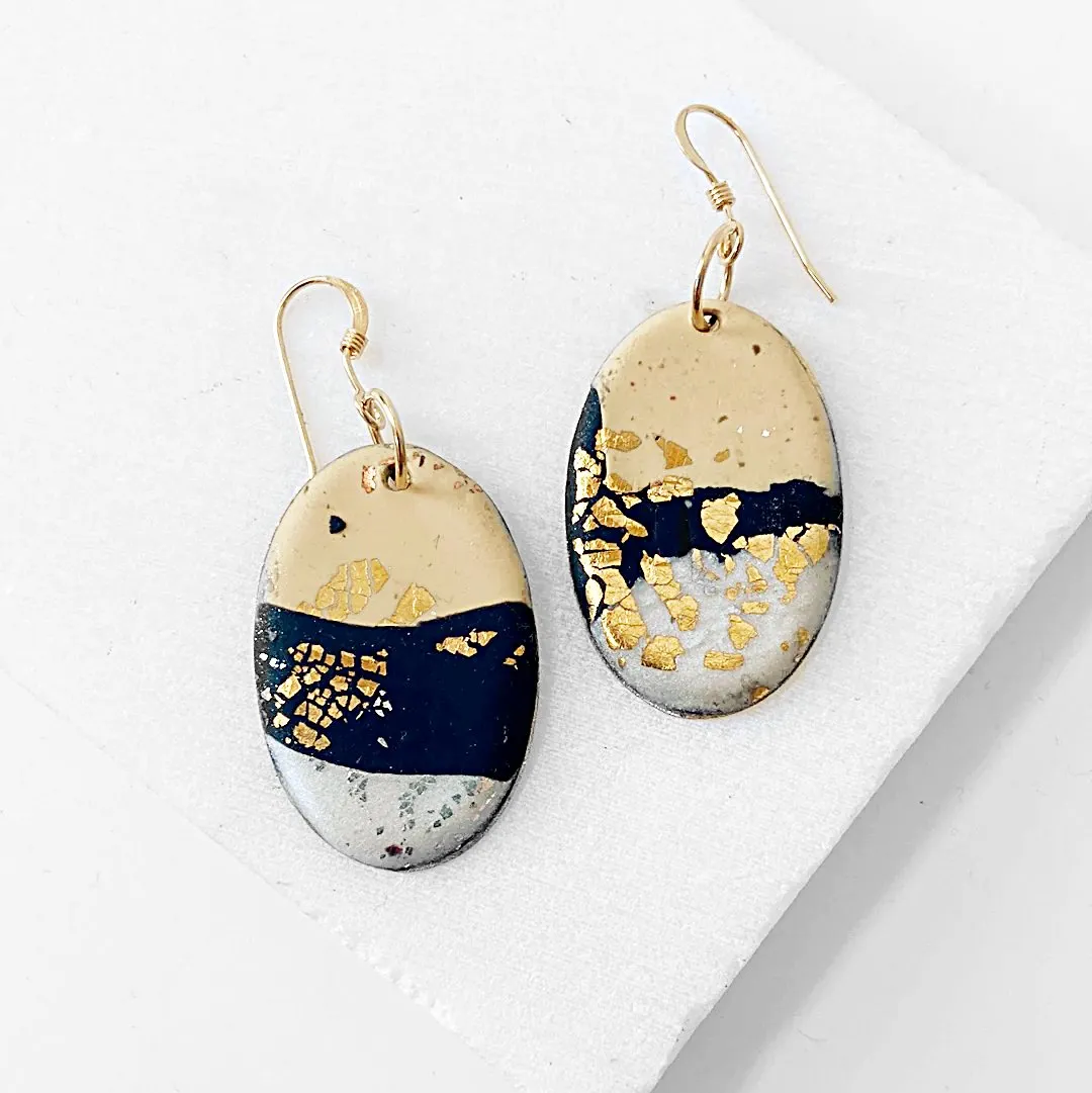 Oval Polymer Clay  Earrings - Black and Gold