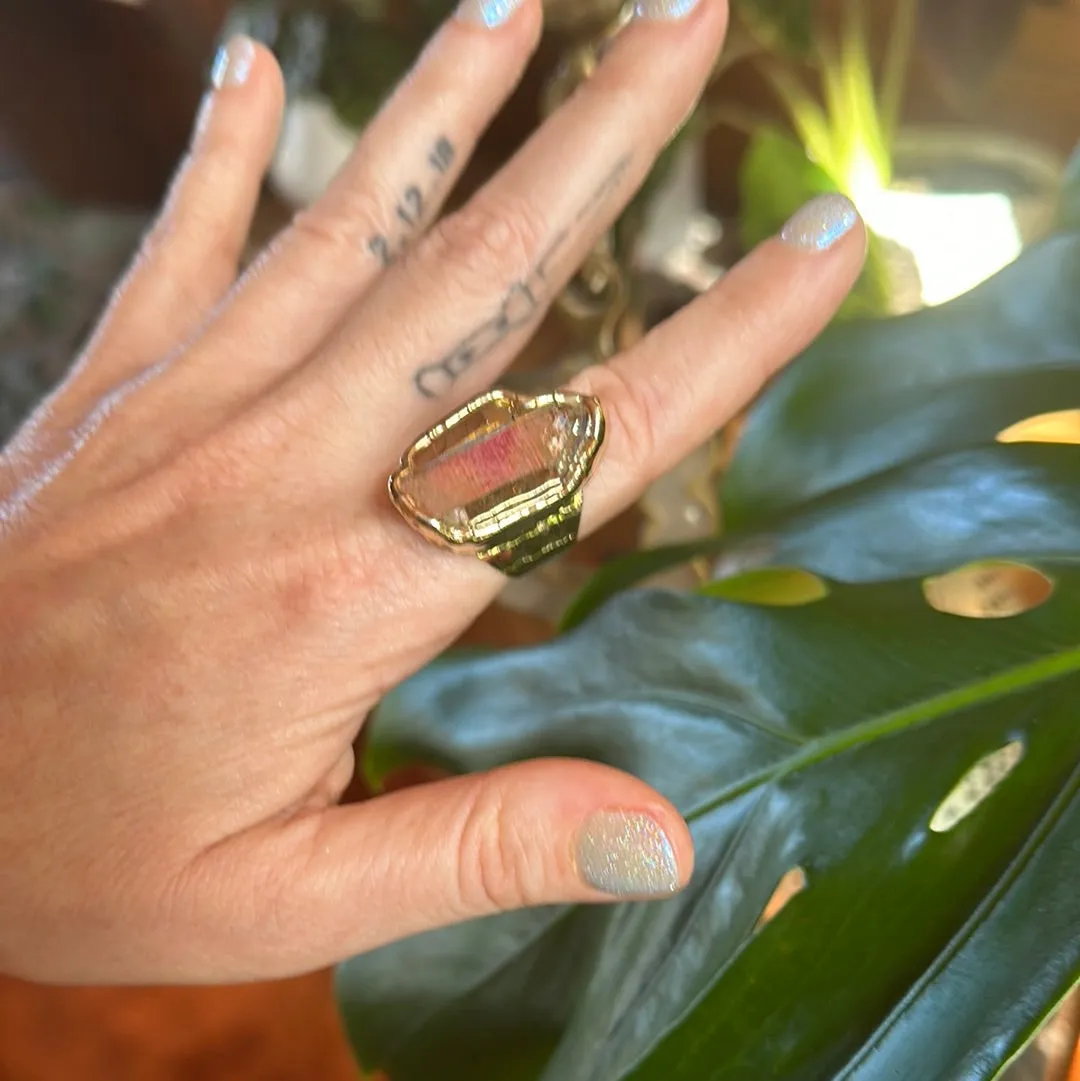 Peach Aura Lemurian Quartz Ring #14