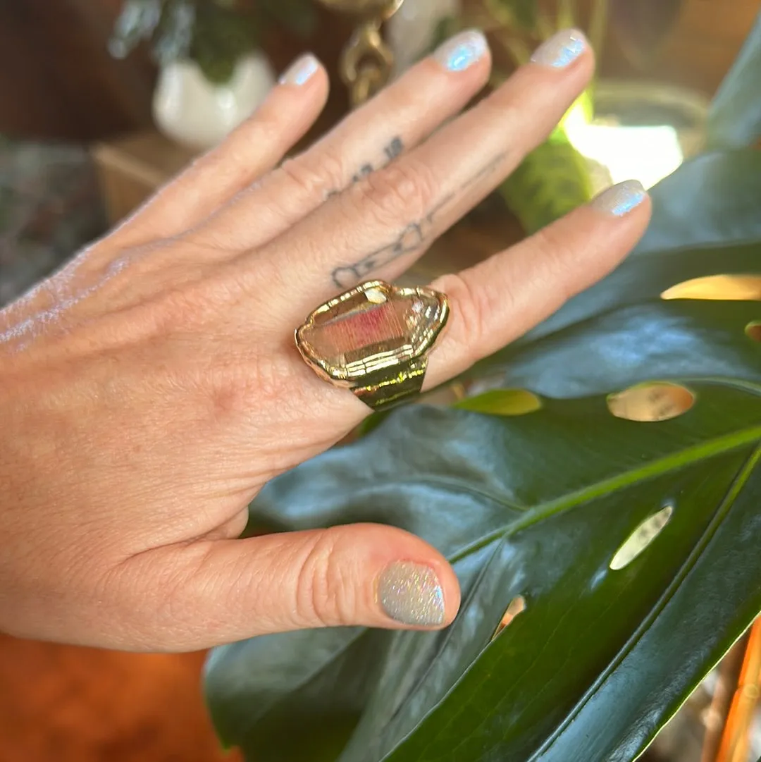 Peach Aura Lemurian Quartz Ring #14