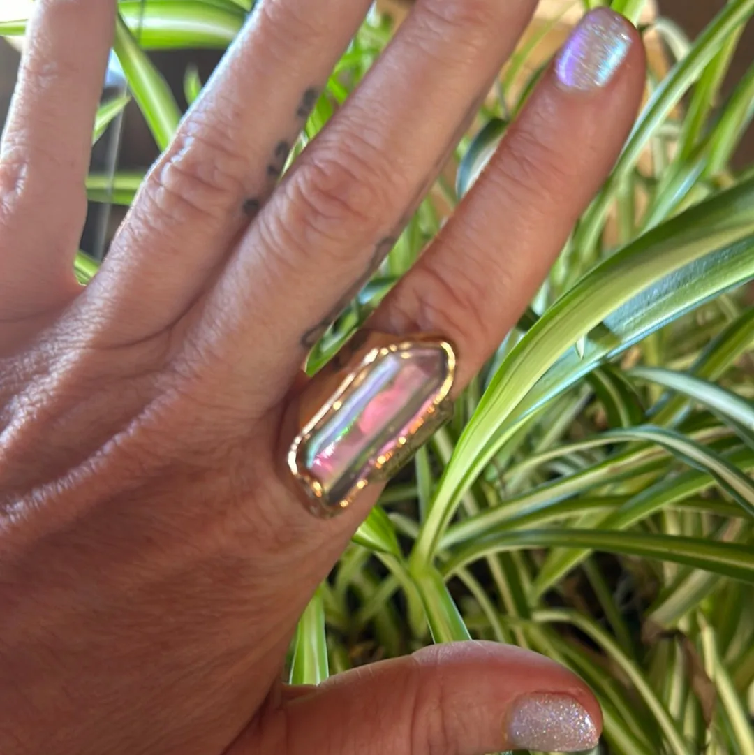 Peach Aura Lemurian Quartz Ring #15