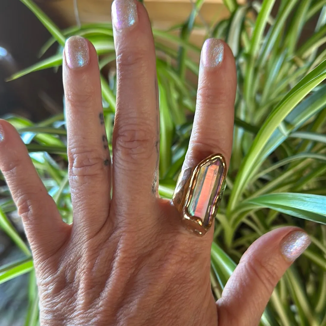 Peach Aura Lemurian Quartz Ring #15