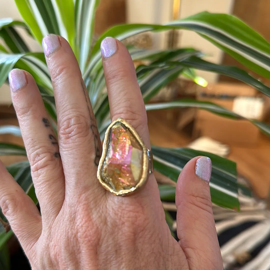 Peach Aura Lemurian Quartz Ring #43