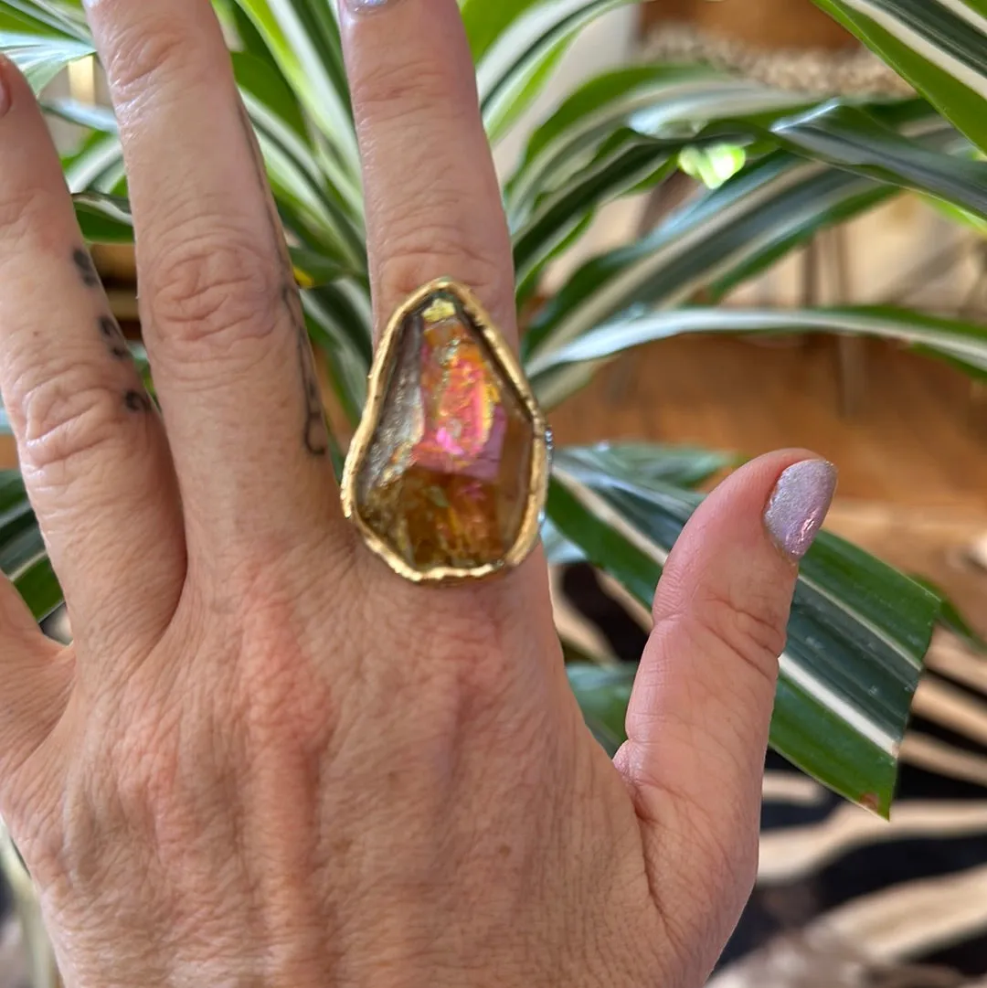 Peach Aura Lemurian Quartz Ring #43