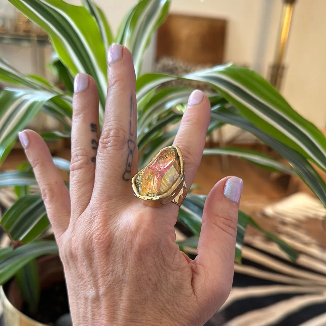 Peach Aura Lemurian Quartz Ring #43