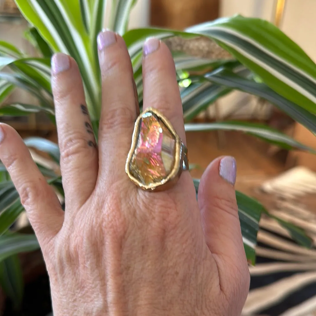 Peach Aura Lemurian Quartz Ring #43