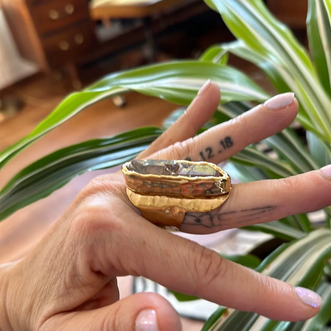 Peach Aura Lemurian Quartz Ring #44