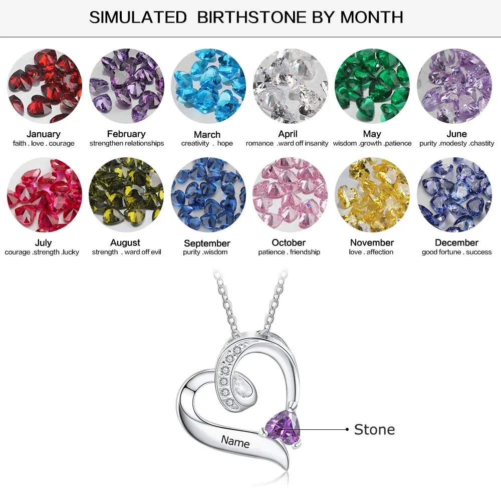 Personalized Birthstone Custom Engrave Name Necklace Heart Pendants