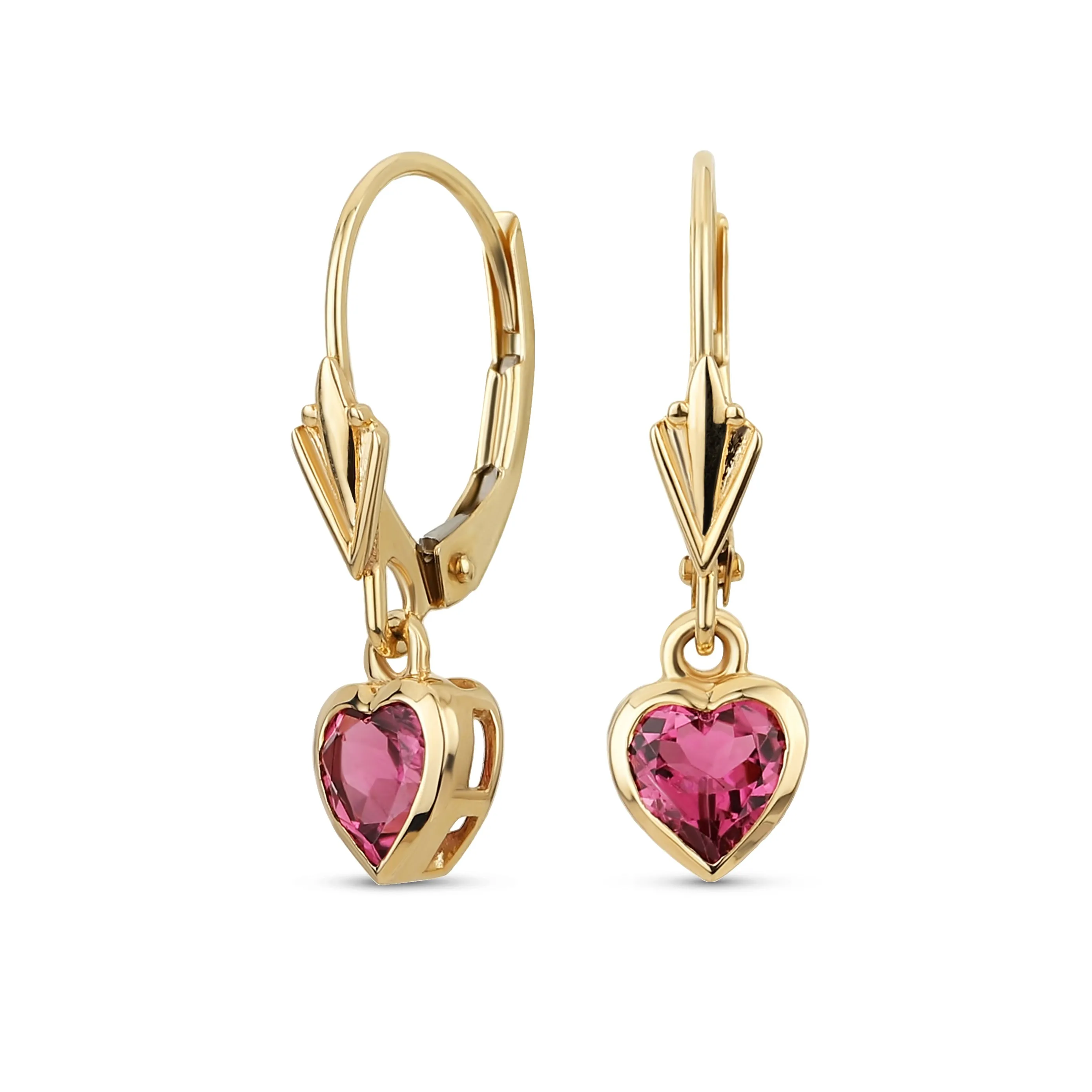 Petite 14K Gold Pink Tourmaline Heart Dangle Gemstone Earrings Lever Back