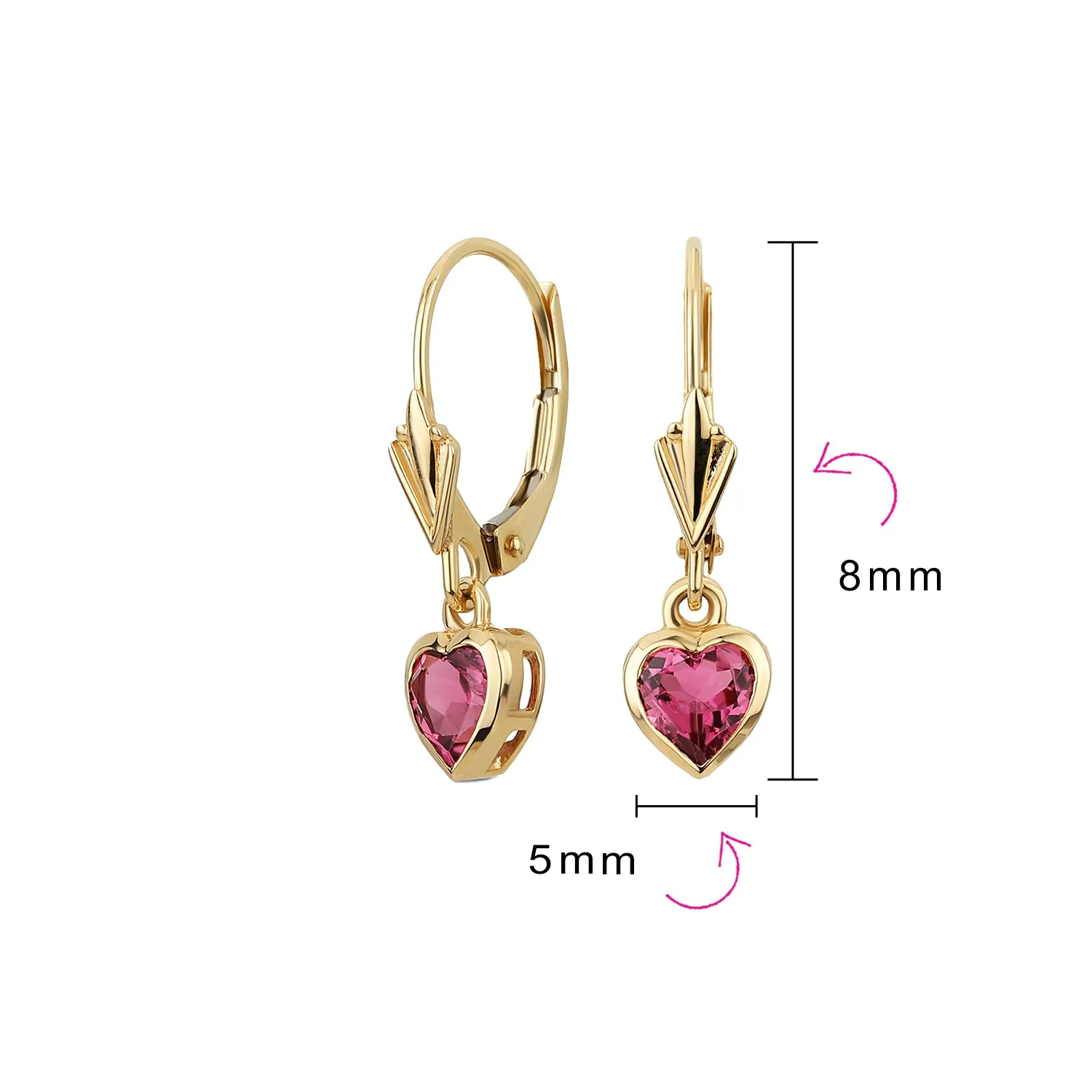 Petite 14K Gold Pink Tourmaline Heart Dangle Gemstone Earrings Lever Back