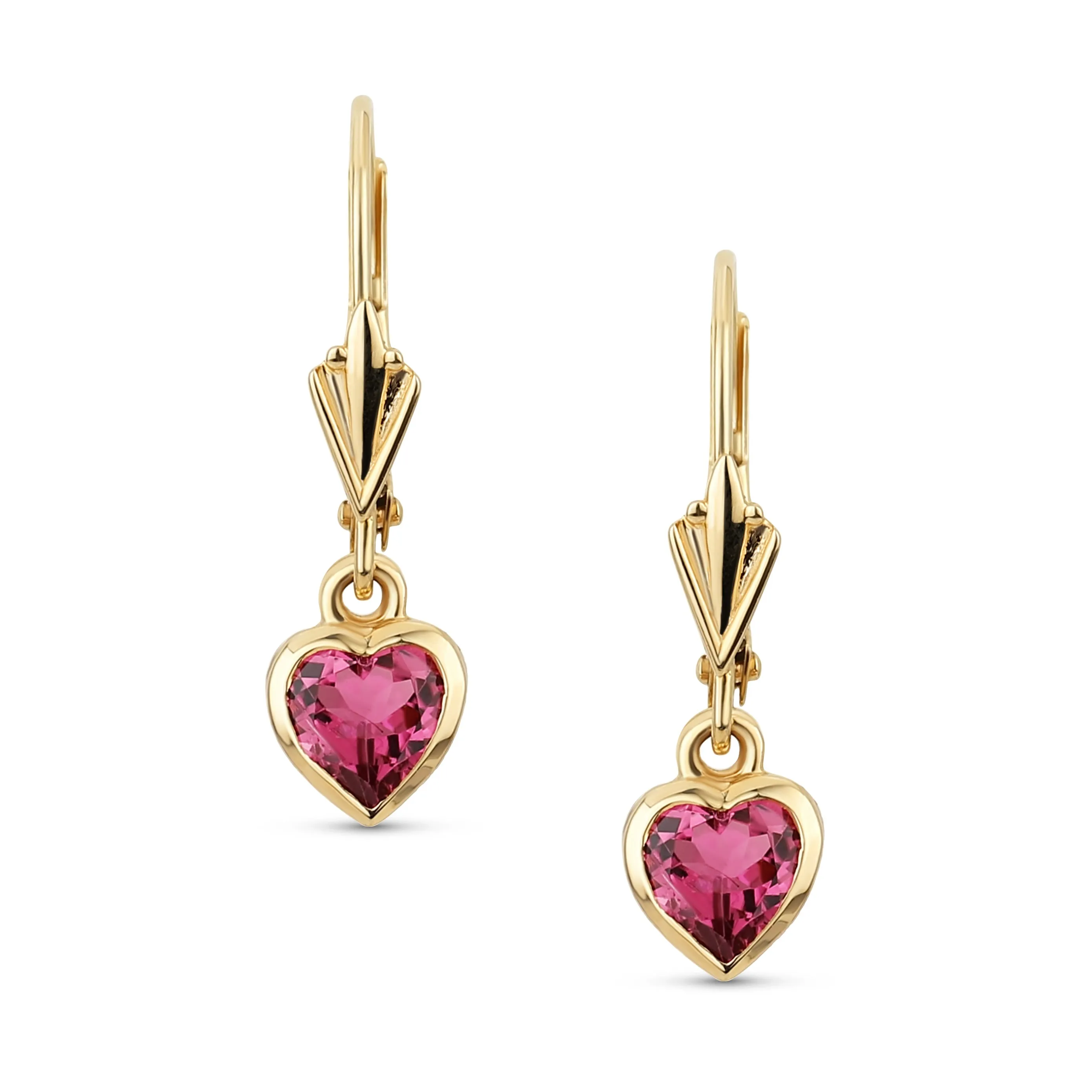 Petite 14K Gold Pink Tourmaline Heart Dangle Gemstone Earrings Lever Back