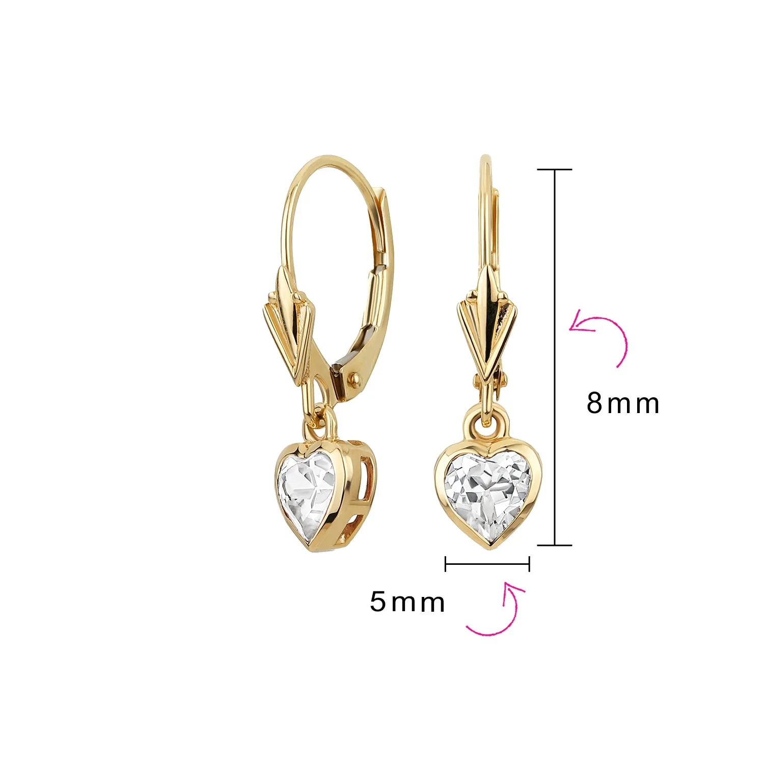 Petite 14K Gold Pink Tourmaline Heart Dangle Gemstone Earrings Lever Back