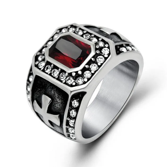 Punk Real Stainless Steel Ruby Men Ring Big Red Stones Finger Rings For Man High Quality Mens Rings Male Jewelry Accessory Anel