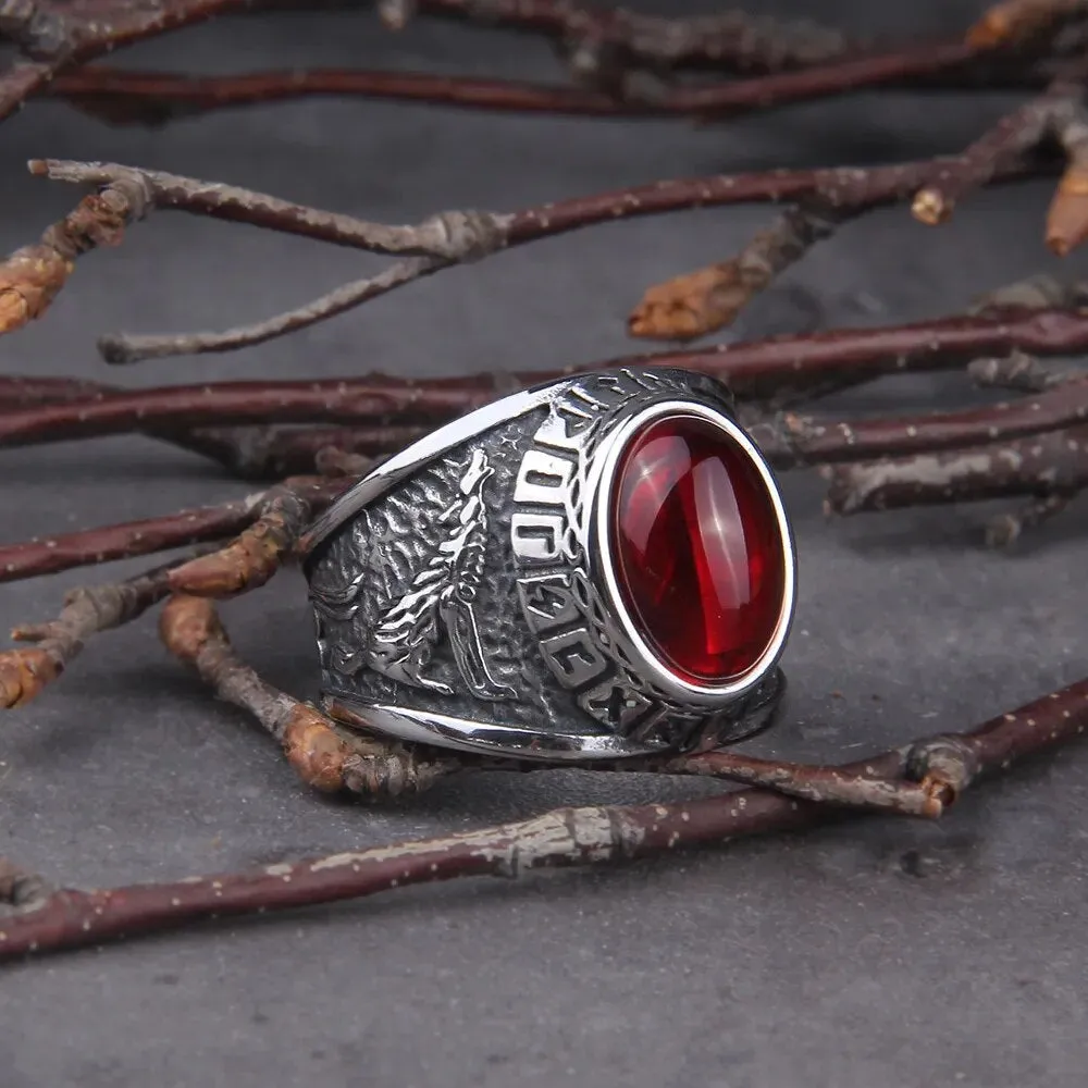 Raven and Wolf Red Stone Viking Ring