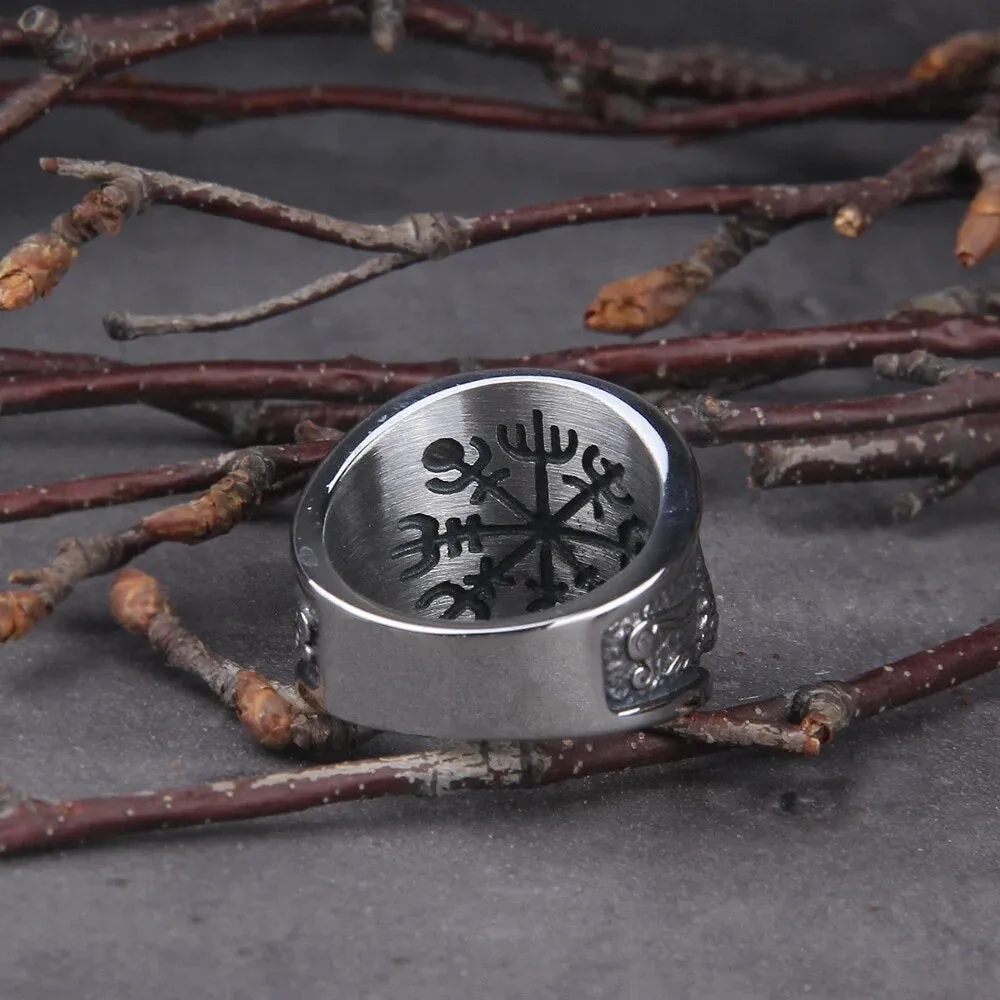 Raven and Wolf Red Stone Viking Ring