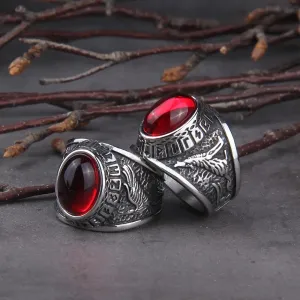 Raven and Wolf Red Stone Viking Ring