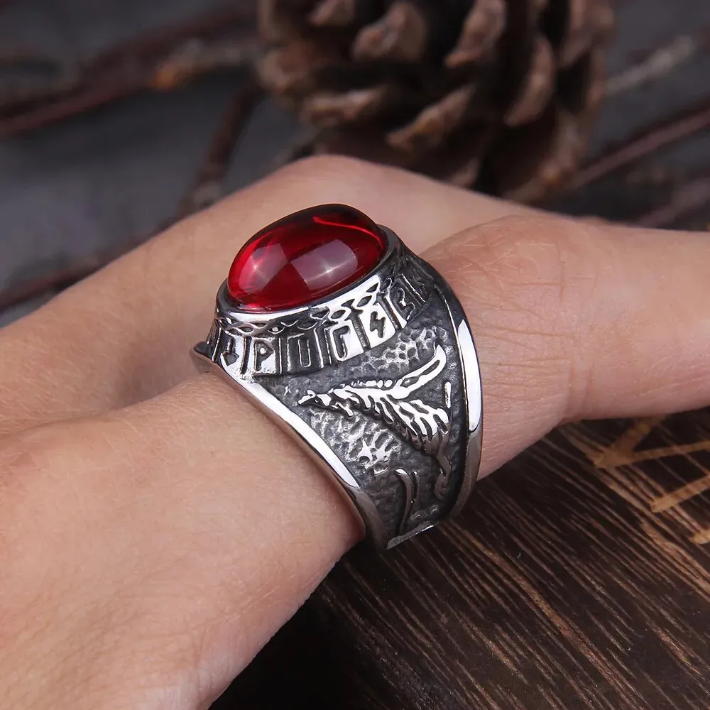 Raven and Wolf Red Stone Viking Ring