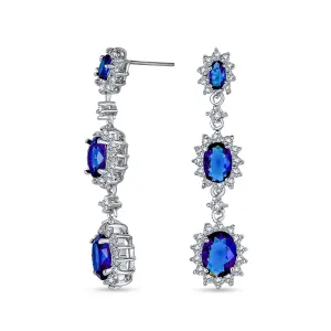 Royal Blue Triple Oval Dangle Chandelier Earrings with Simulated Sapphire CZ