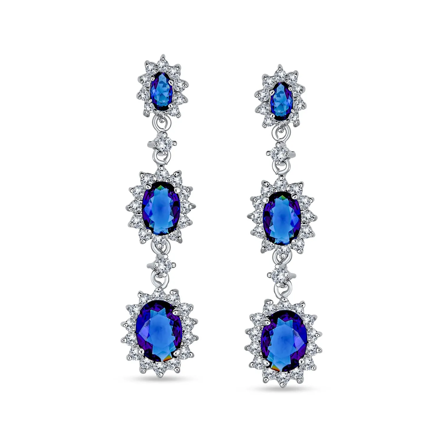 Royal Blue Triple Oval Dangle Chandelier Earrings with Simulated Sapphire CZ