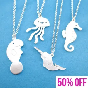 Sea Creatures Themed Seahorse Jellyfish Manatee Narwhal 4 Piece Necklace Set in Silver