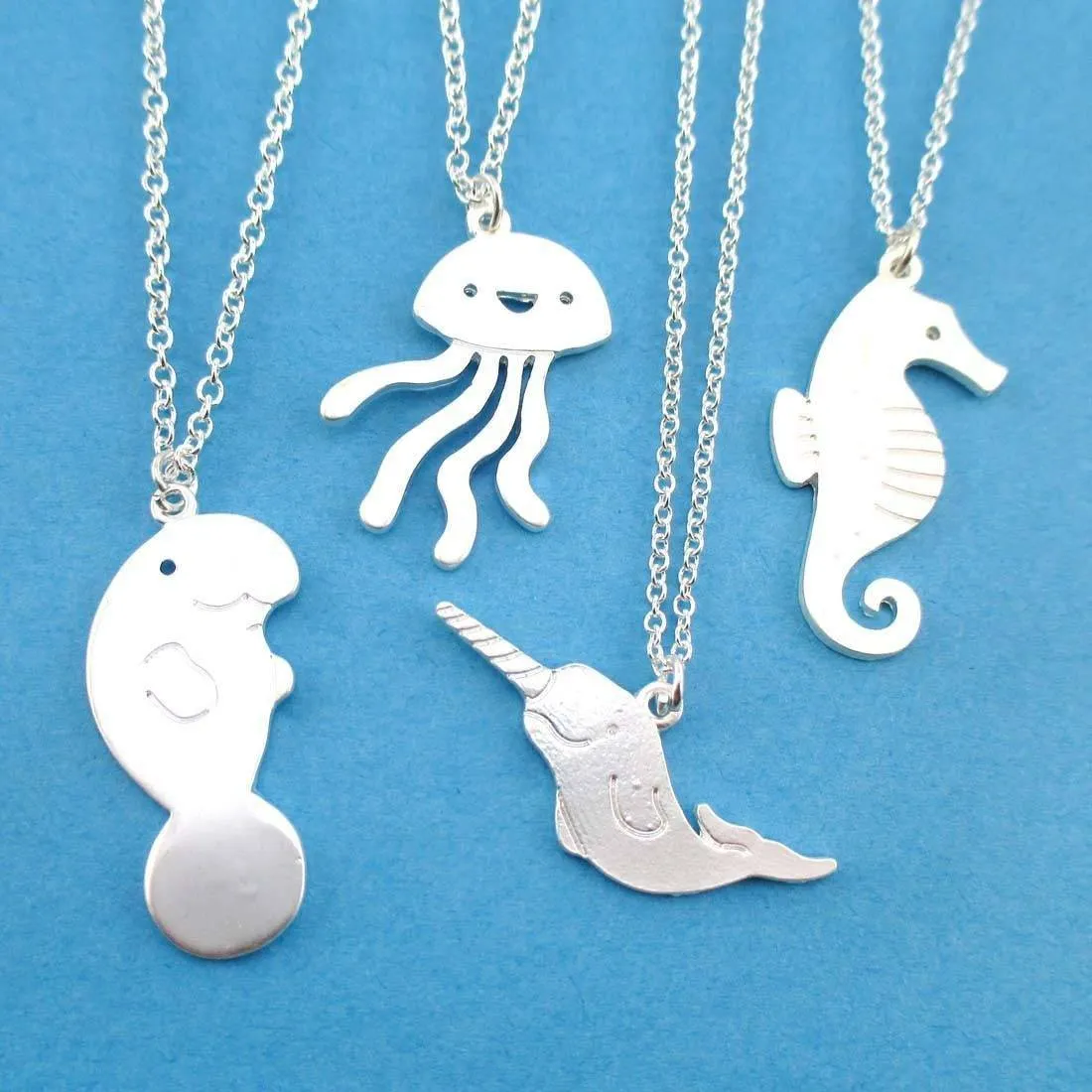 Sea Creatures Themed Seahorse Jellyfish Manatee Narwhal 4 Piece Necklace Set in Silver