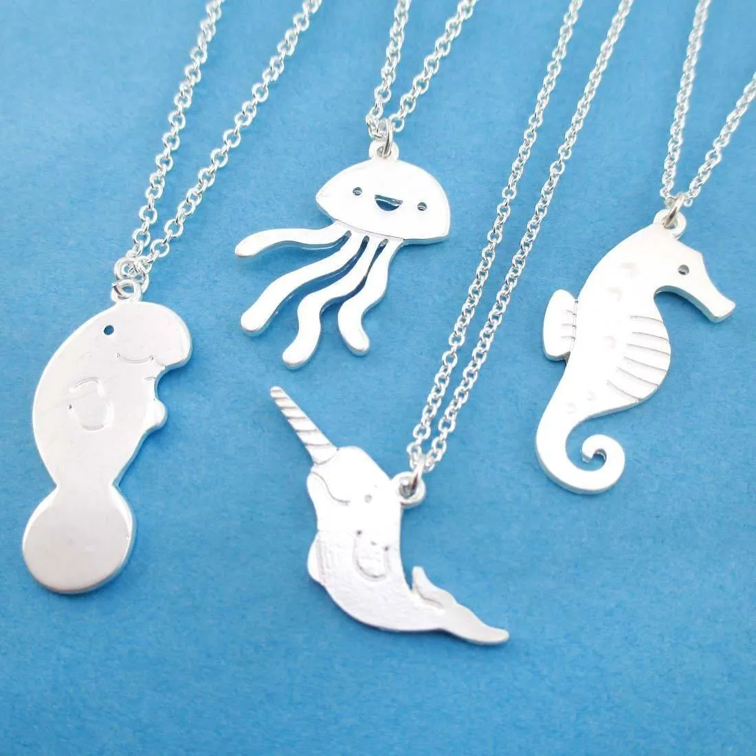 Sea Creatures Themed Seahorse Jellyfish Manatee Narwhal 4 Piece Necklace Set in Silver