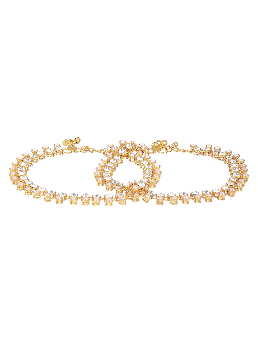 Set Of 2 Gold Plated Kundan Studded & Pearl Beaded Anklets