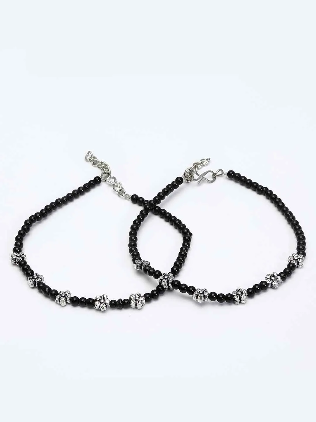 Set Of 2 Silver-Plated Black Beaded Floral Handcrafted Anklets