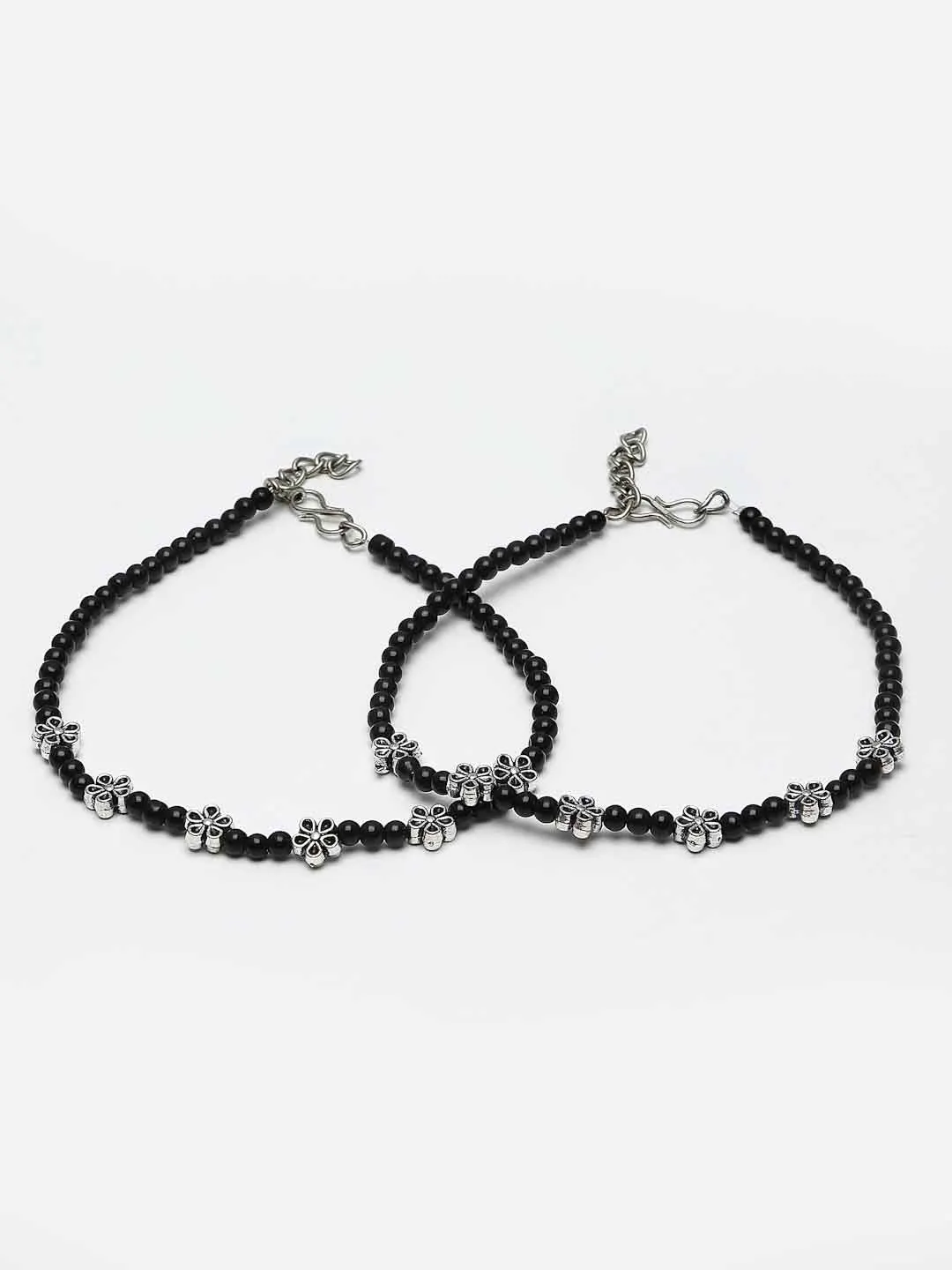 Set Of 2 Silver-Plated Black Beaded Floral Handcrafted Anklets