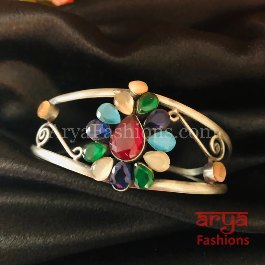 Silver Cuff Bracelet with Multicolor Stone