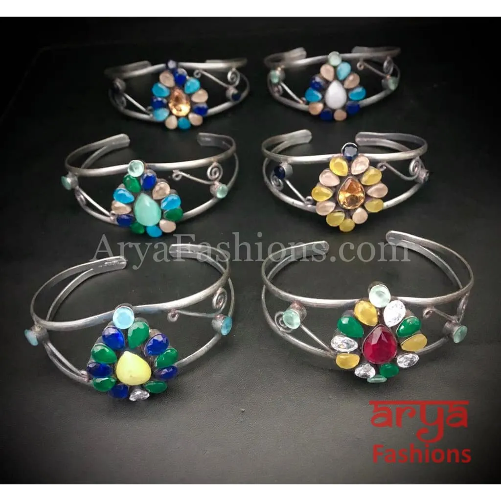 Silver Cuff Bracelet with Multicolor Stone