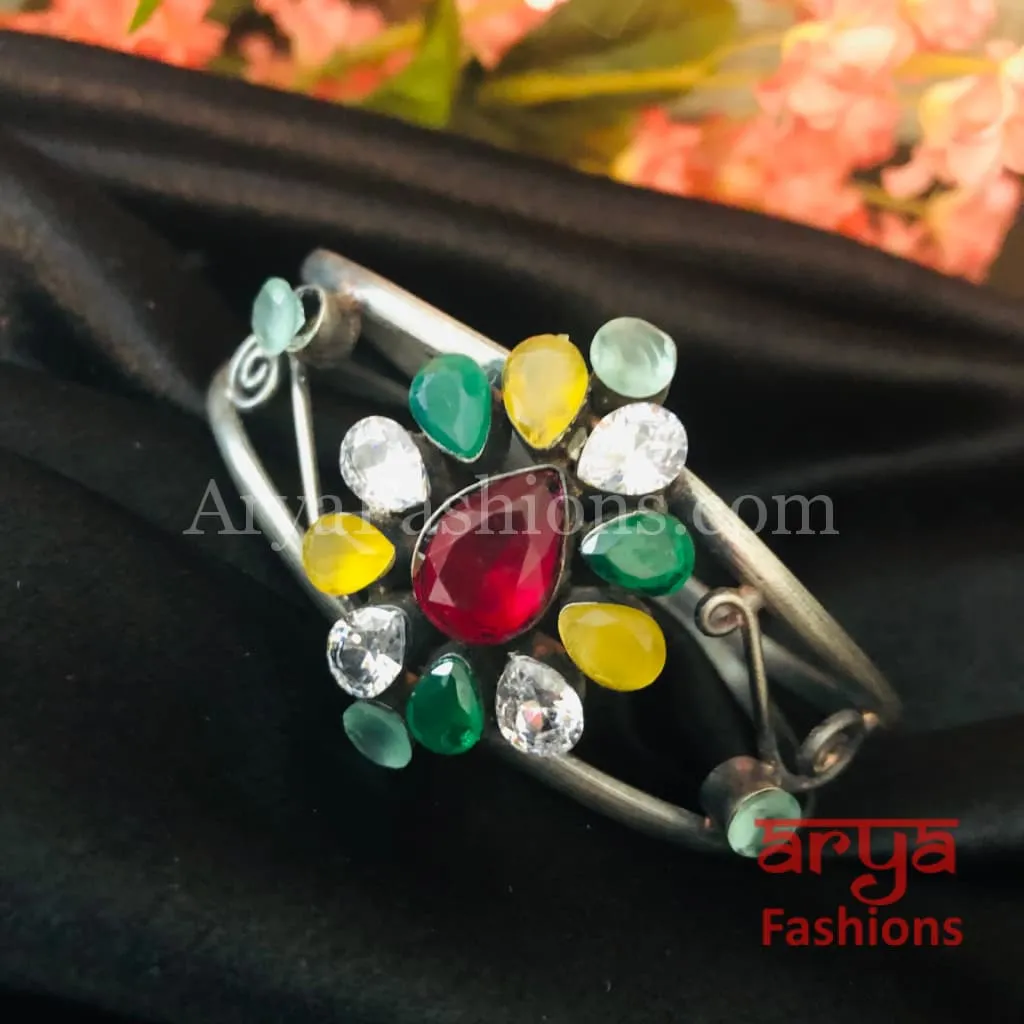 Silver Cuff Bracelet with Multicolor Stone