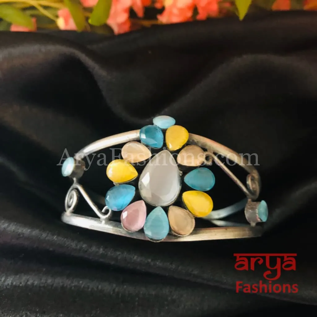 Silver Cuff Bracelet with Multicolor Stone