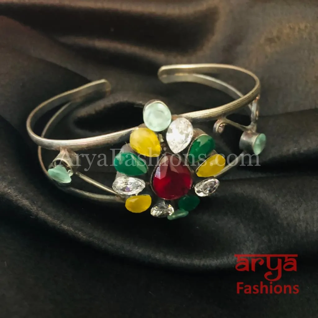 Silver Cuff Bracelet with Multicolor Stone