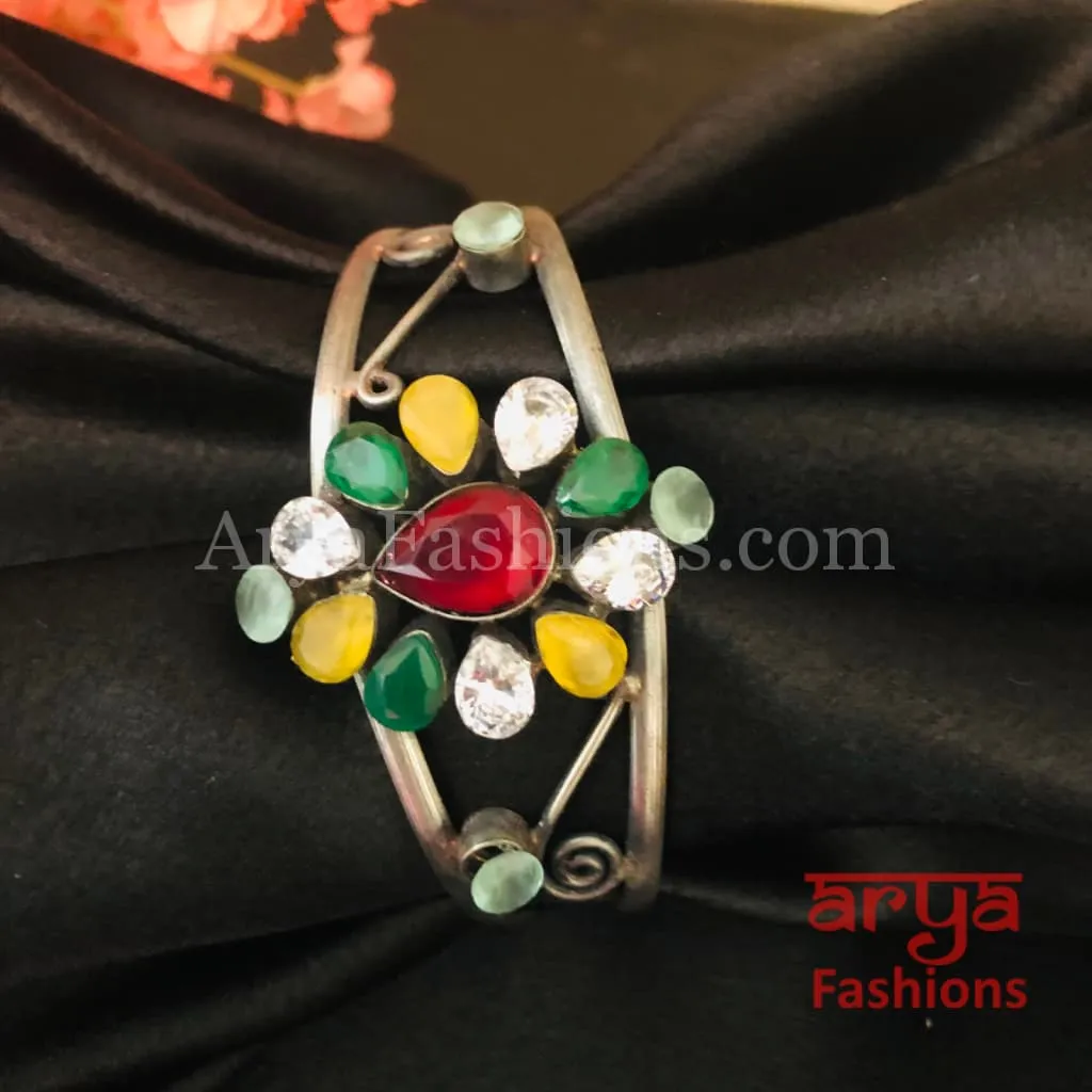 Silver Cuff Bracelet with Multicolor Stone